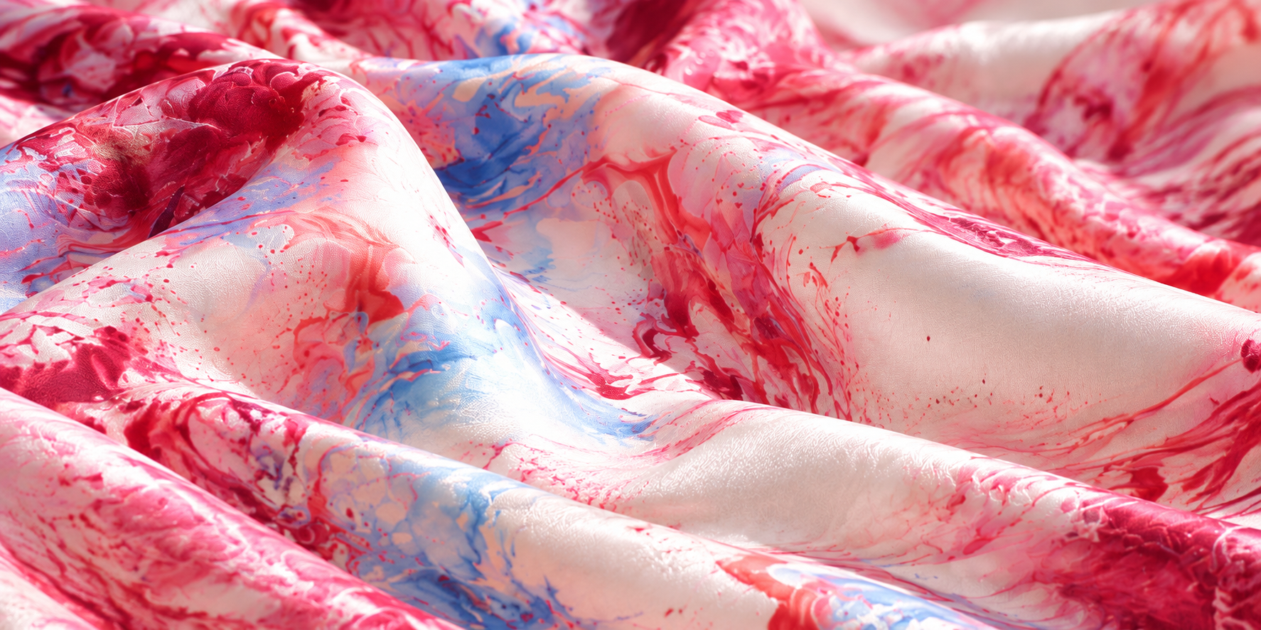 Soft folds of rose, crimson and powder-blue marbled silk